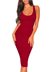 Womens Sexy Casual Bodycon Ribbed Tank Dress Scoop Neck Sleeveless Club Dresses Red