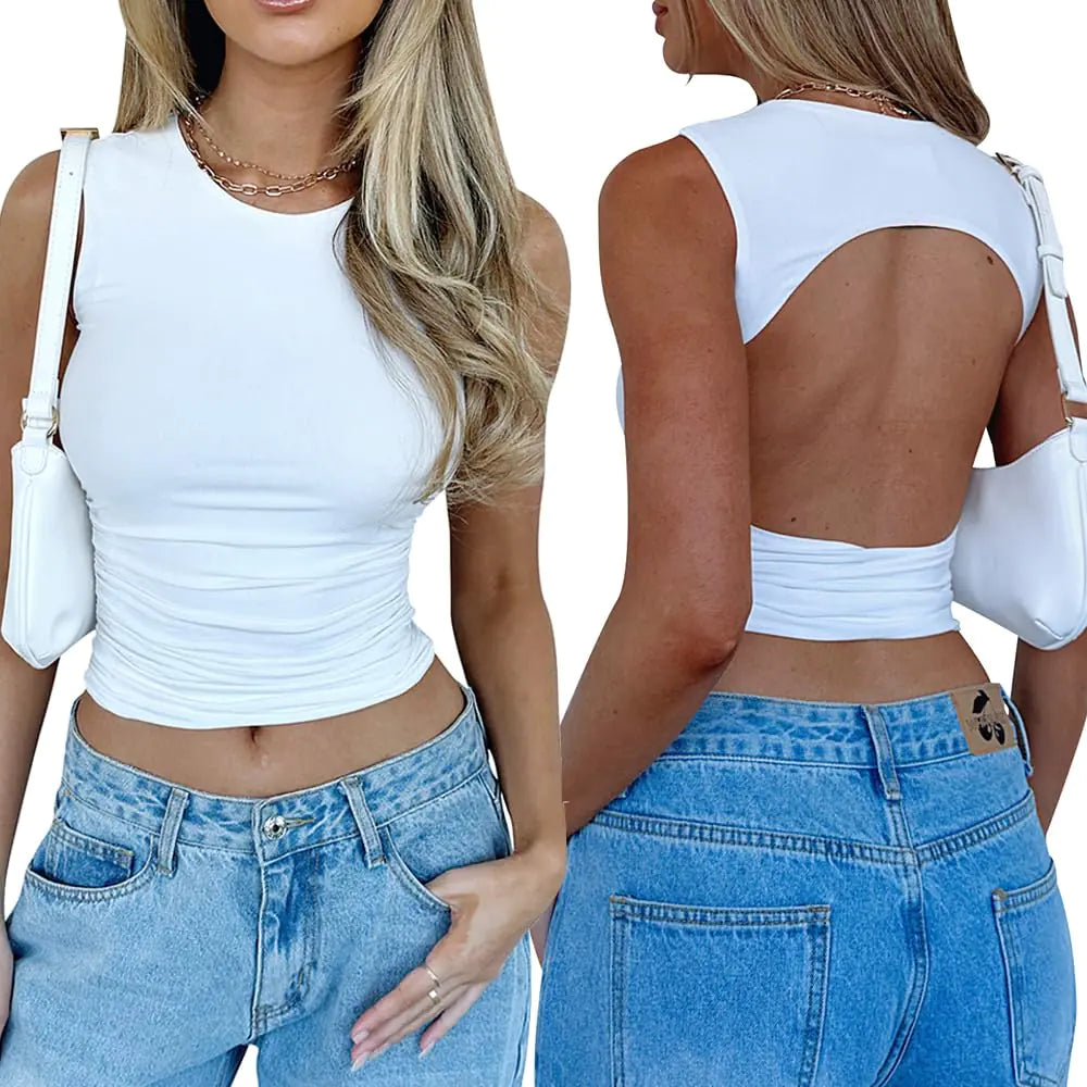 Womens Sexy Backless Crop Tank Top Ruched Summer Casual Y2K Top White Small