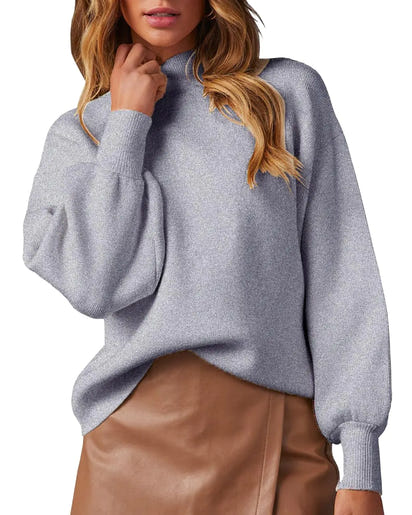 Womens 2024 Turtleneck Balloon Sleeves Loose Chunky Knitted Pullover Sweaters