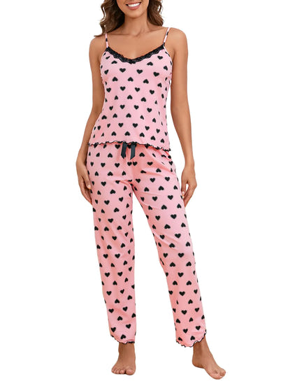 Womens Lace Trim Heart Print Cami Top and Pants Loungewear Pajama Set Pink S